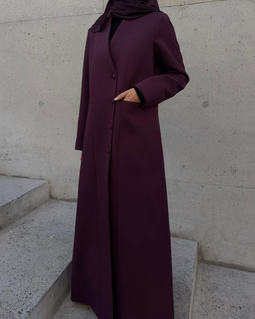 Plum Buttoned Abaya with Pocket Detail
