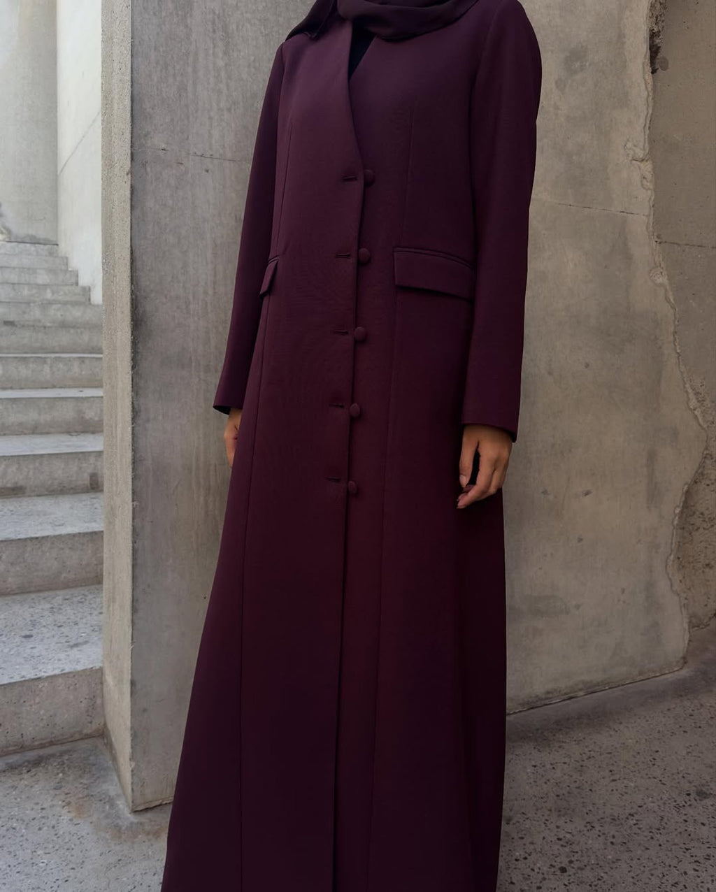 Plum Buttoned Abaya with Pocket Detail