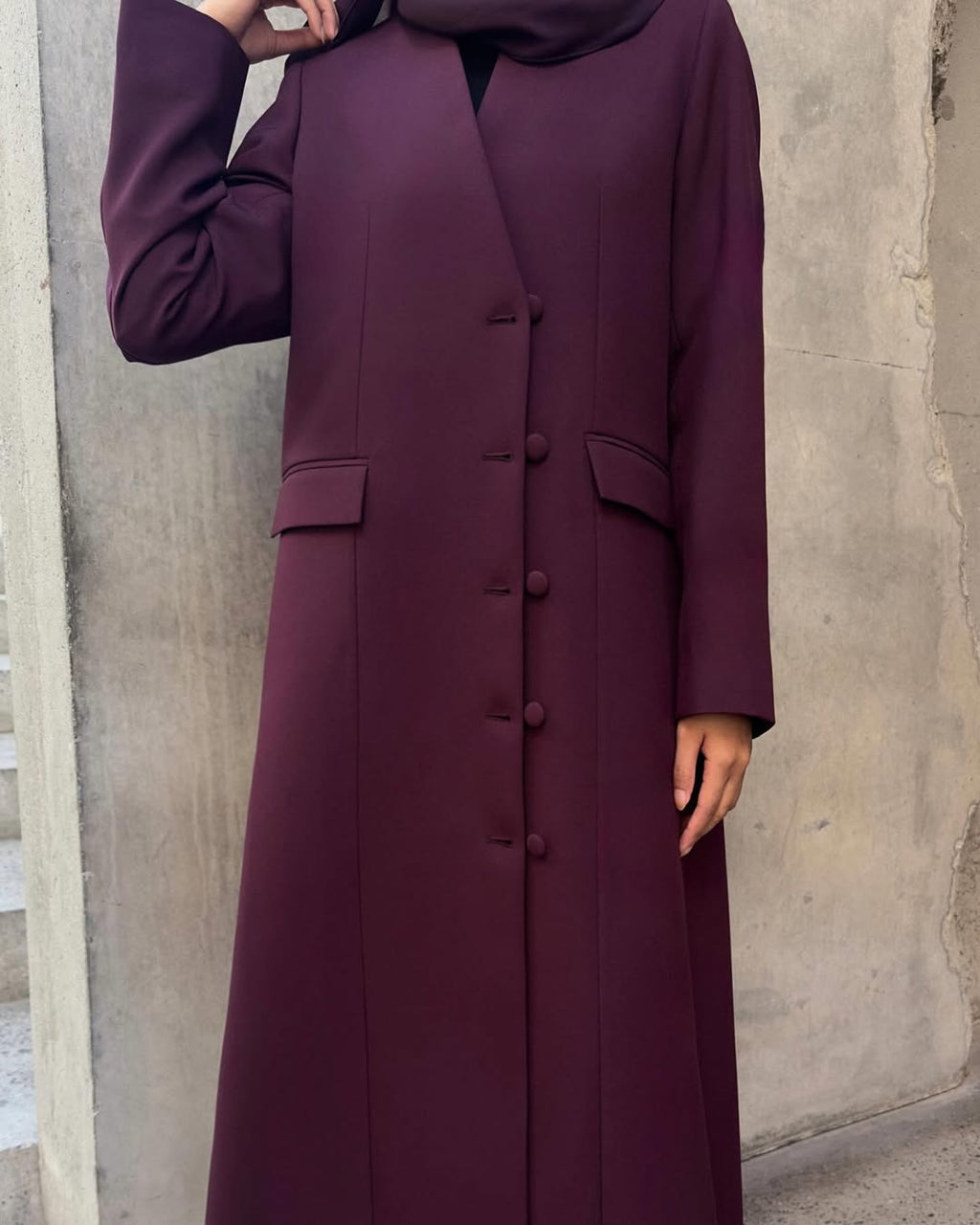 Plum Buttoned Abaya with Pocket Detail
