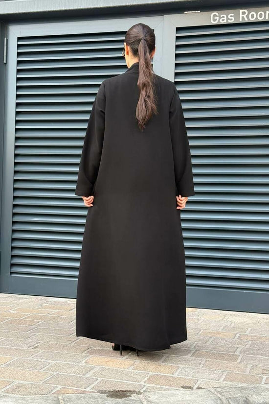 Black crepe abaya with Grey striped trimming