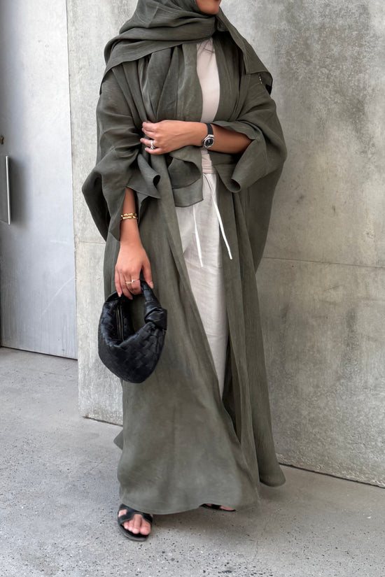 Turkish linen abaya, half-bisht cut - Green