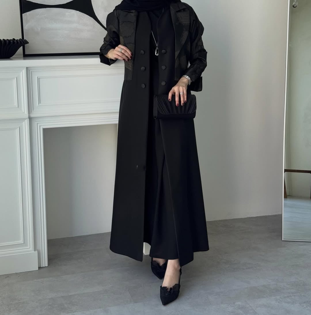 Elegant Two-Tone Open Abaya with Textured Overlay, black with Olive