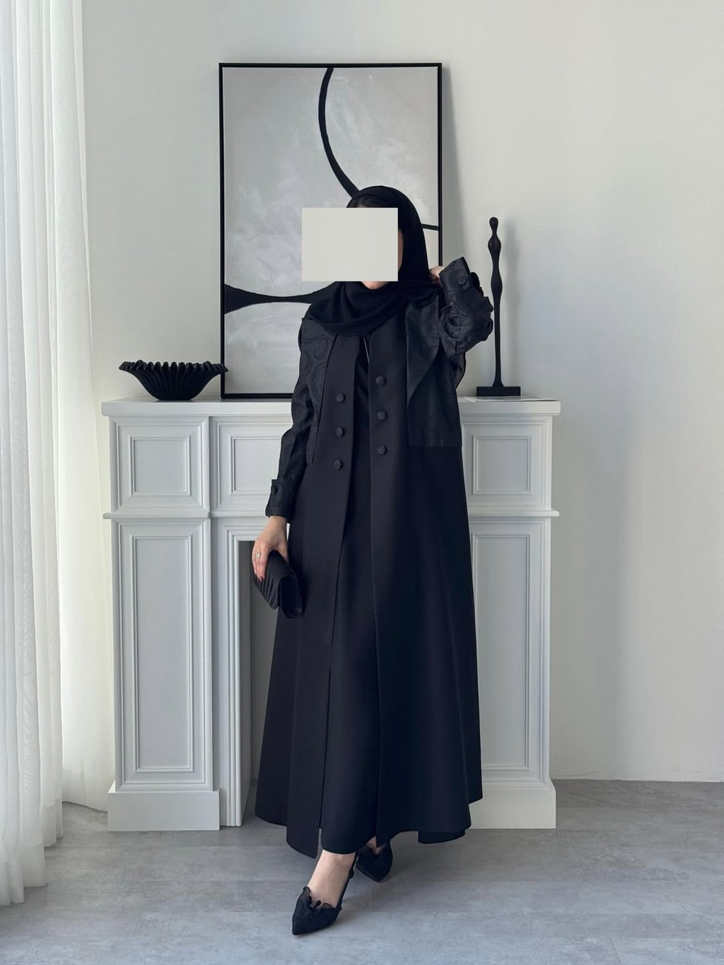 Elegant Two-Tone Open Abaya with Textured Overlay, black