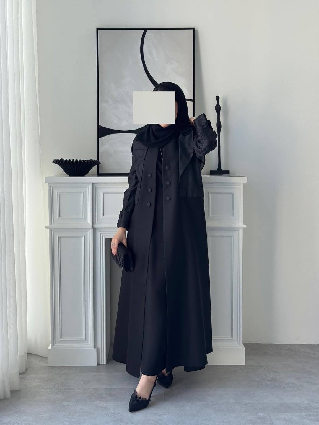 Elegant Two-Tone Open Abaya with Textured Overlay, black