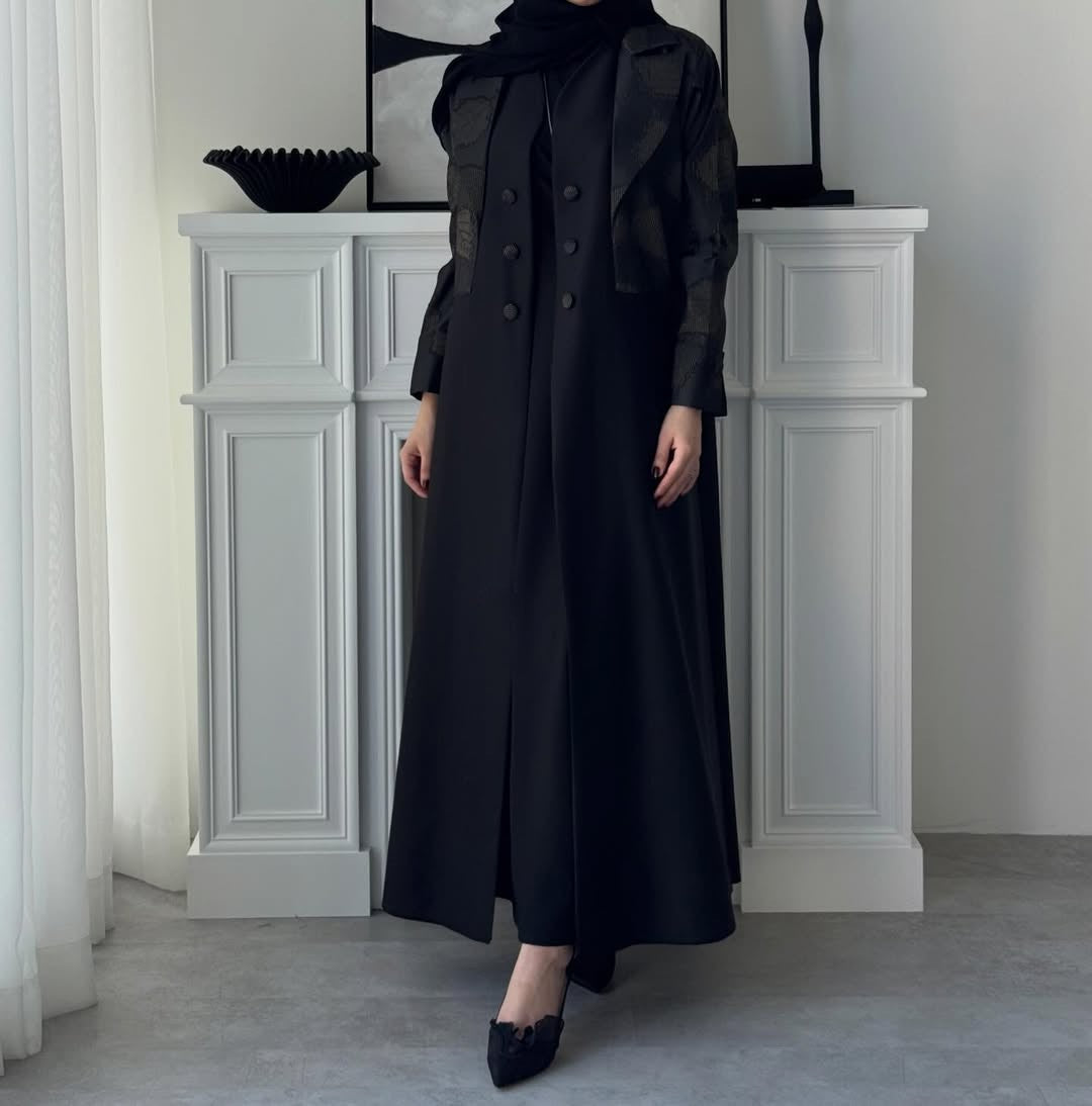 Elegant Two-Tone Open Abaya with Textured Overlay, black with Olive