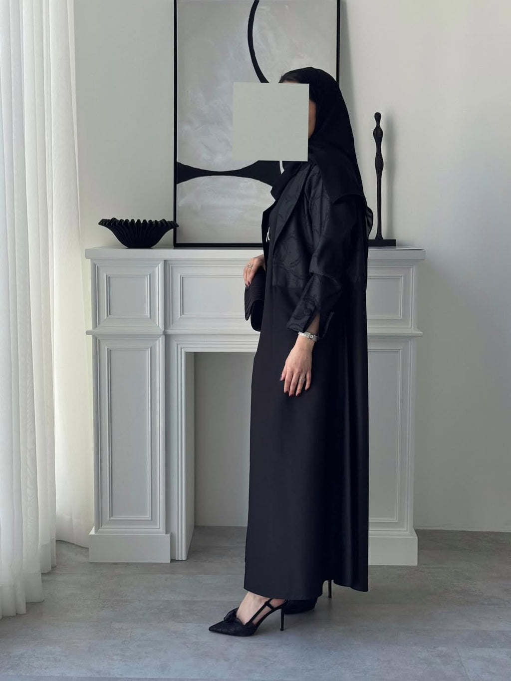 Elegant Two-Tone Open Abaya with Textured Overlay, black