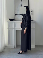Elegant Two-Tone Open Abaya with Textured Overlay, black