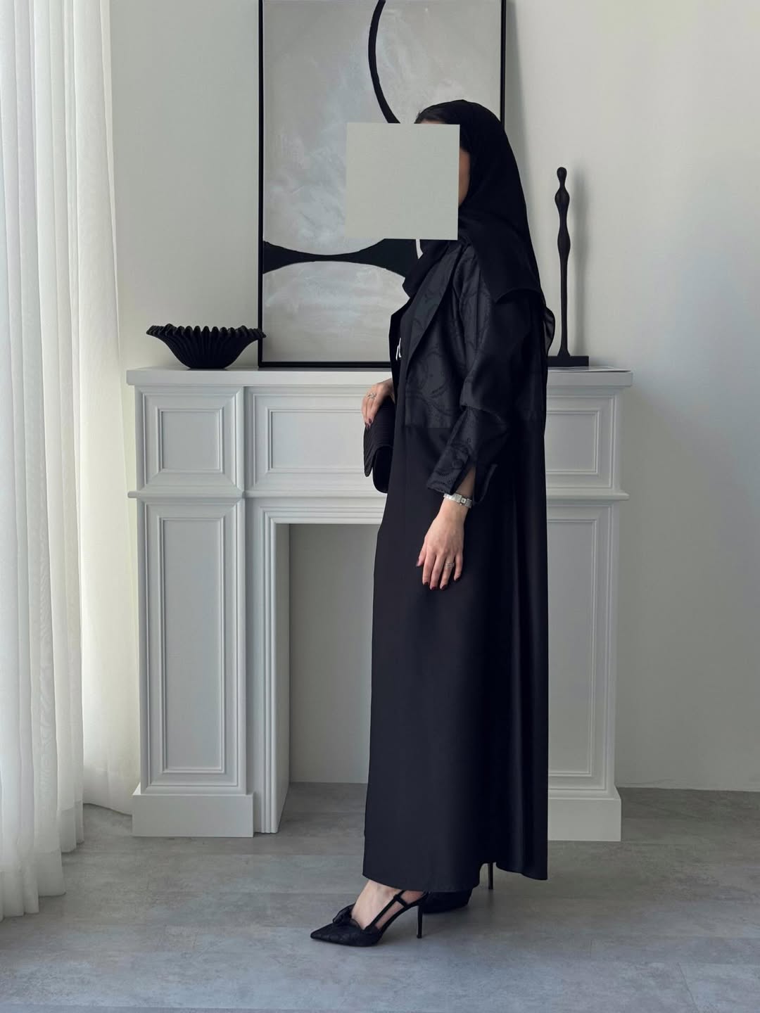Elegant Two-Tone Open Abaya with Textured Overlay, black