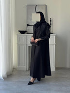 Elegant Two-Tone Open Abaya with Textured Overlay, black