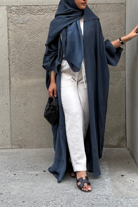 Turkish linen abaya, half-bisht cut - Blue