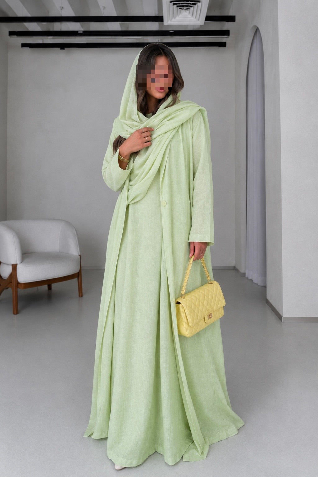 Soft Linen Summer Abaya Set with Matching Inner & Shaila, Green