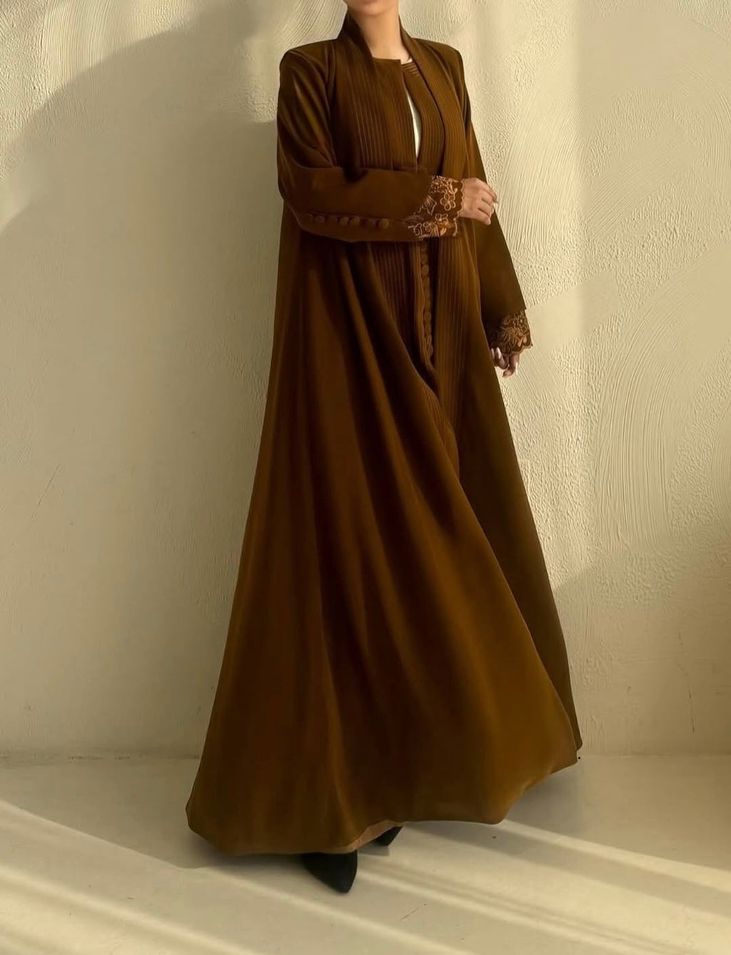 Elegant Pleated Front Open Abaya in Warm Cocoa Brown