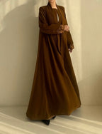 Elegant Pleated Front Open Abaya in Warm Cocoa Brown
