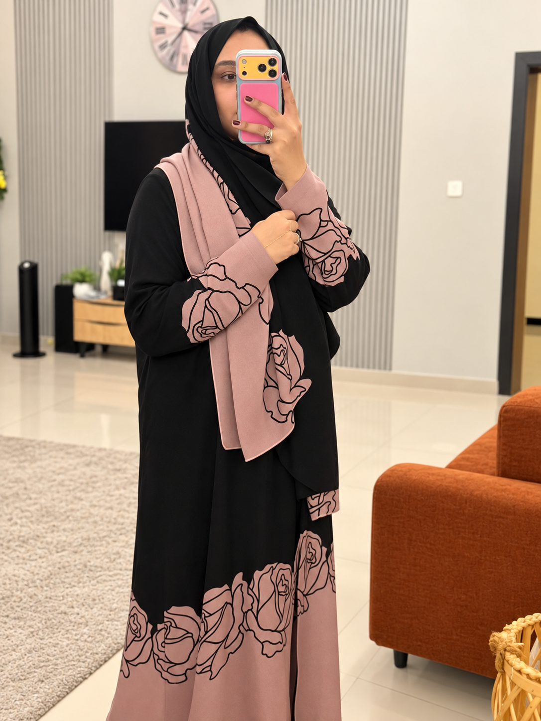 Blush Rose Linen Abaya with Black Floral Detailing