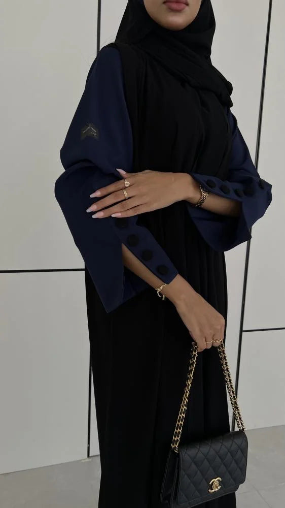 Black Abaya with Navy Blue sleeves with buttons
