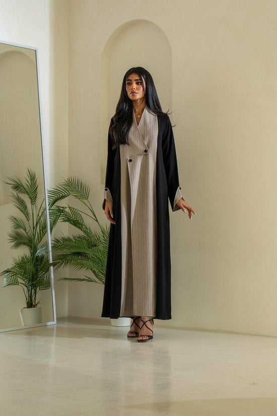 Black and Beige Striped Crepe Blazer Abaya