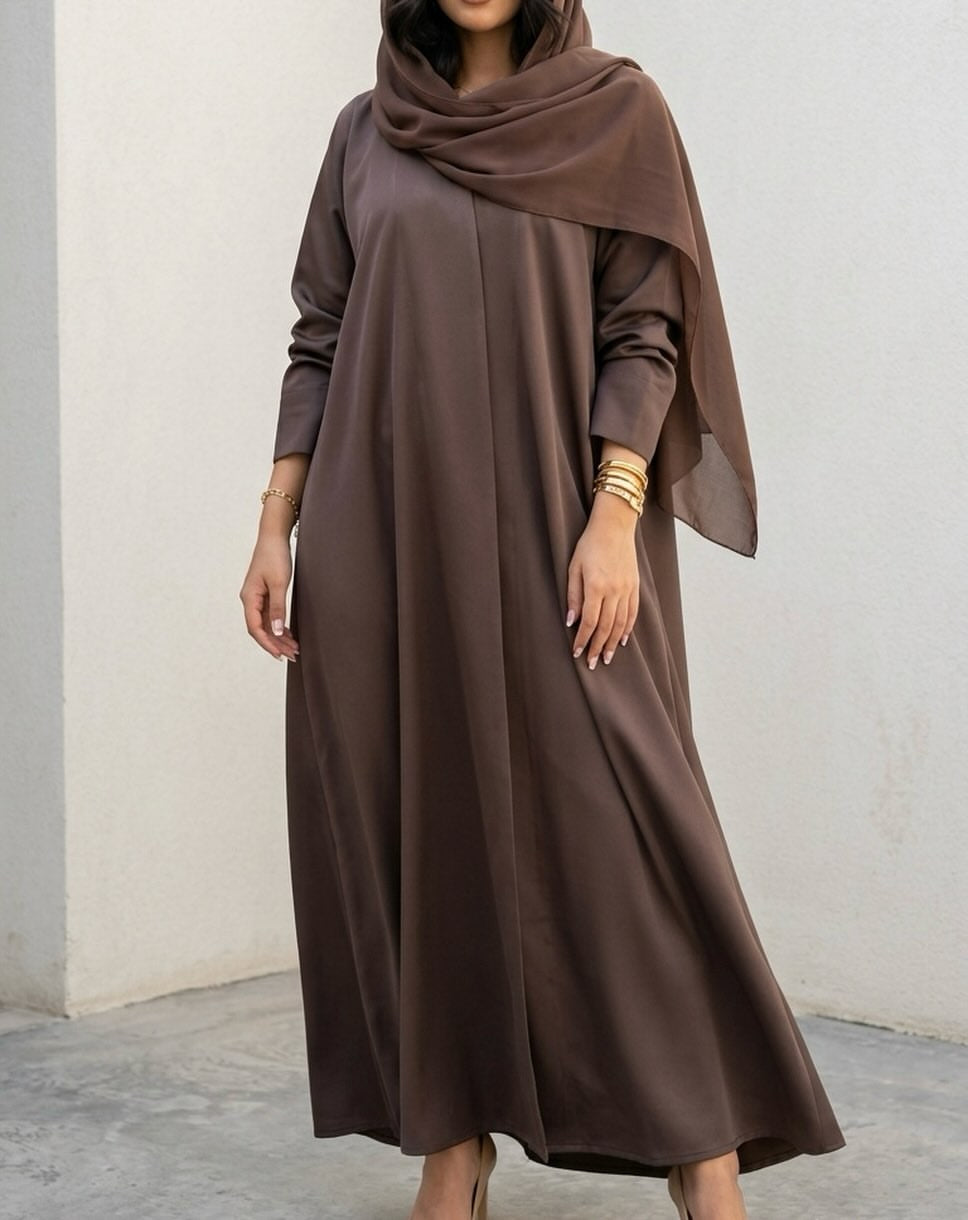 Classic Chocolate Brown Abaya with Matching Chiffon Hijab