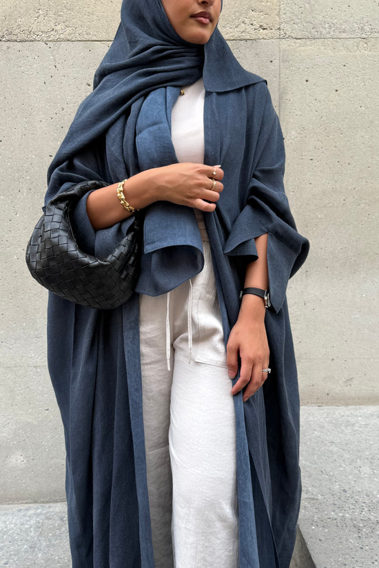 Turkish linen abaya, half-bisht cut - Blue