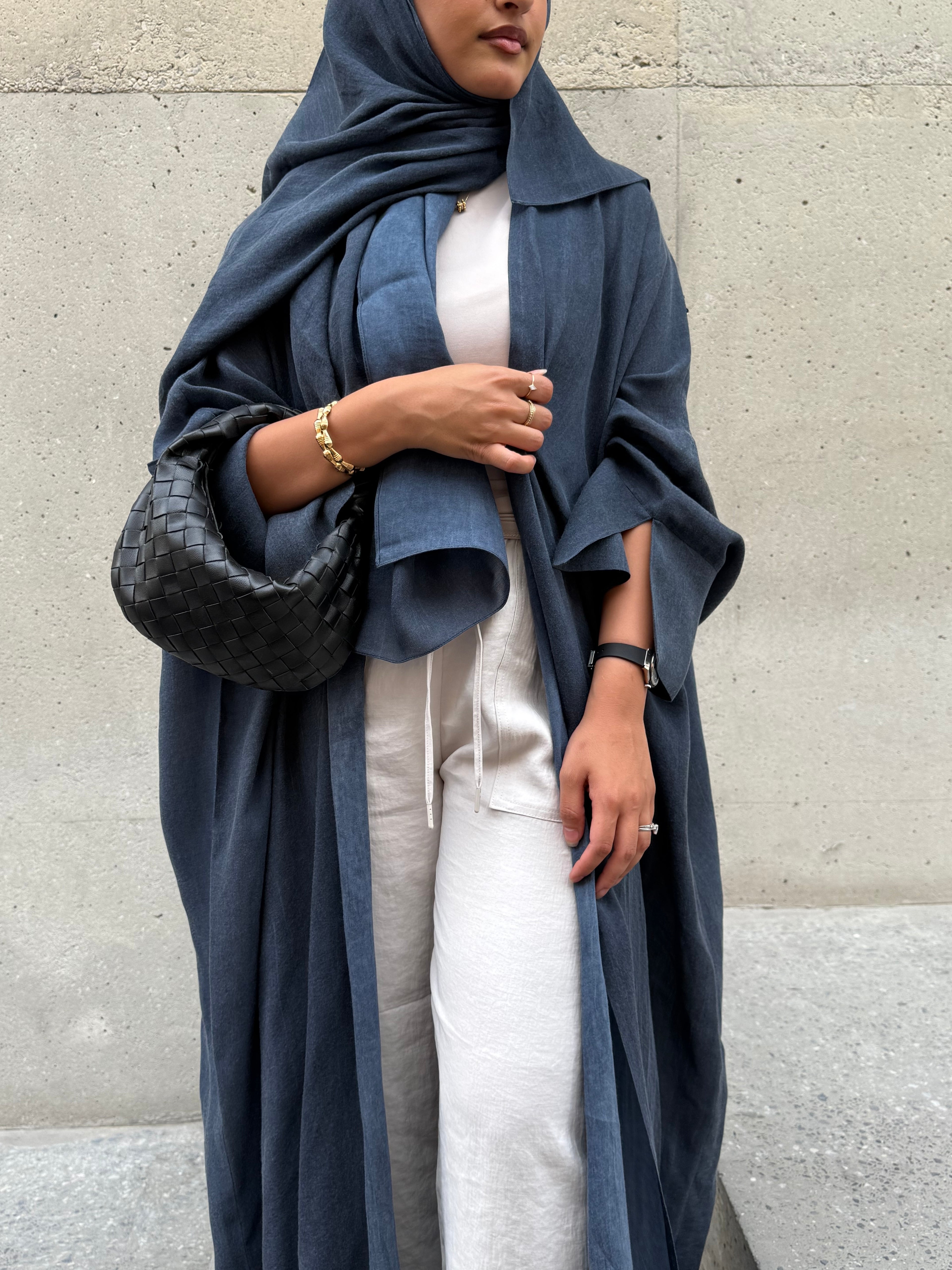Turkish linen abaya, half-bisht cut - Blue