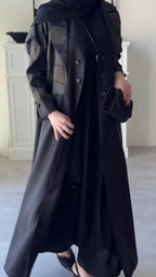 Elegant Two-Tone Open Abaya with Textured Overlay, black