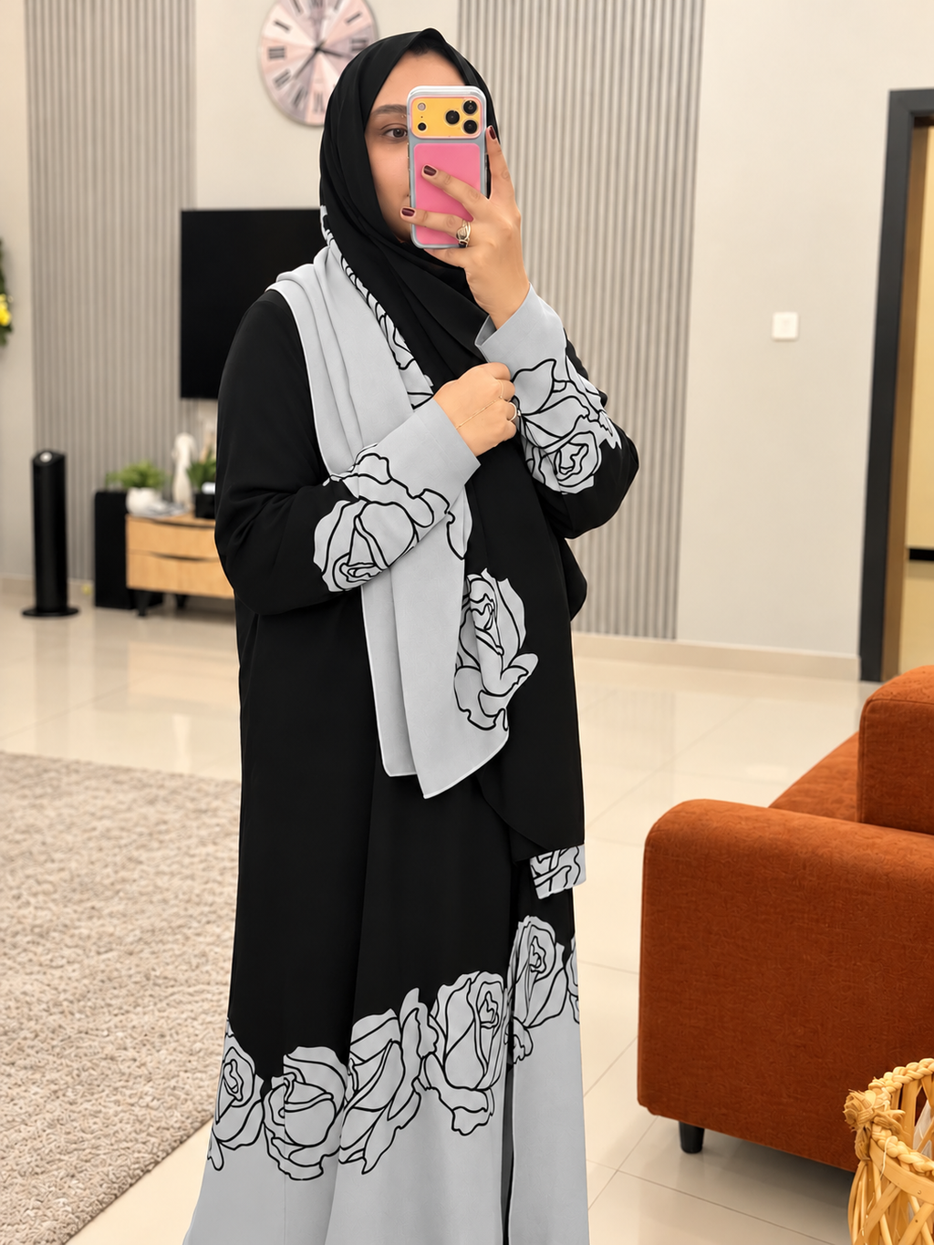 Grey Linen Abaya with Black Floral Detailing