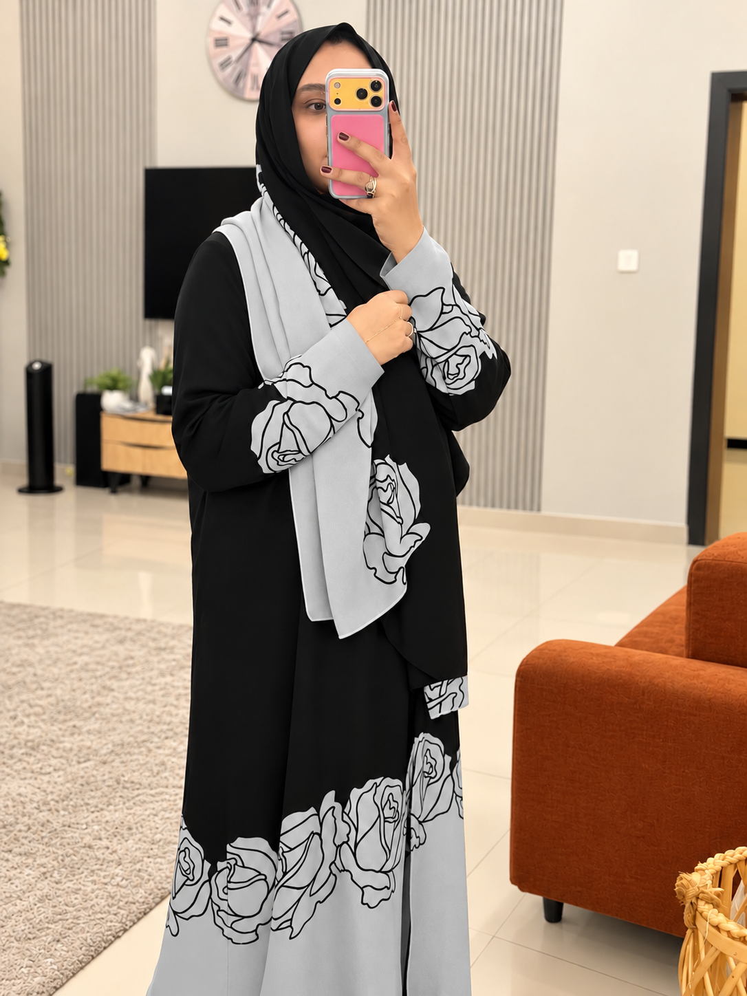 Grey Linen Abaya with Black Floral Detailing