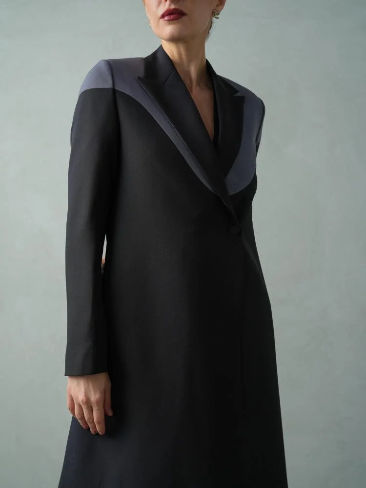 Black Blazer Abaya with Slate Grey Contrast Lapel