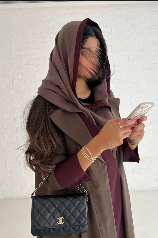 Chocolate Brown Abaya with Burgundy Details