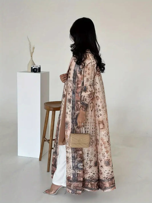 Printed Long Sleeve Pleated Abaya - Lightweight, Breathable Summer Friendly, Khaki