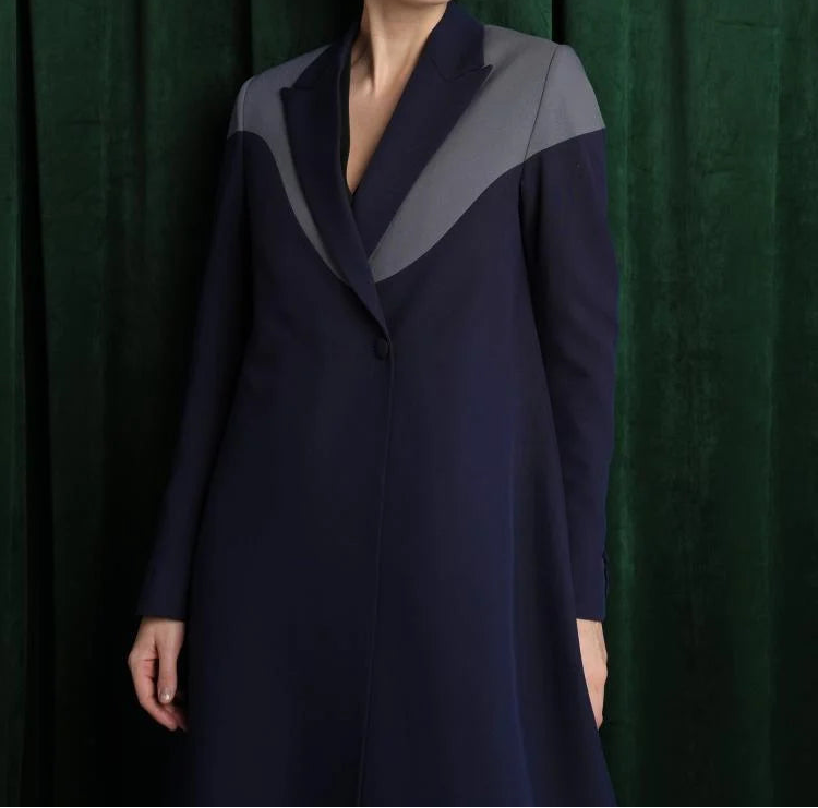 Navy Blue Blazer Abaya with Geometric Grey Contrast Lapel