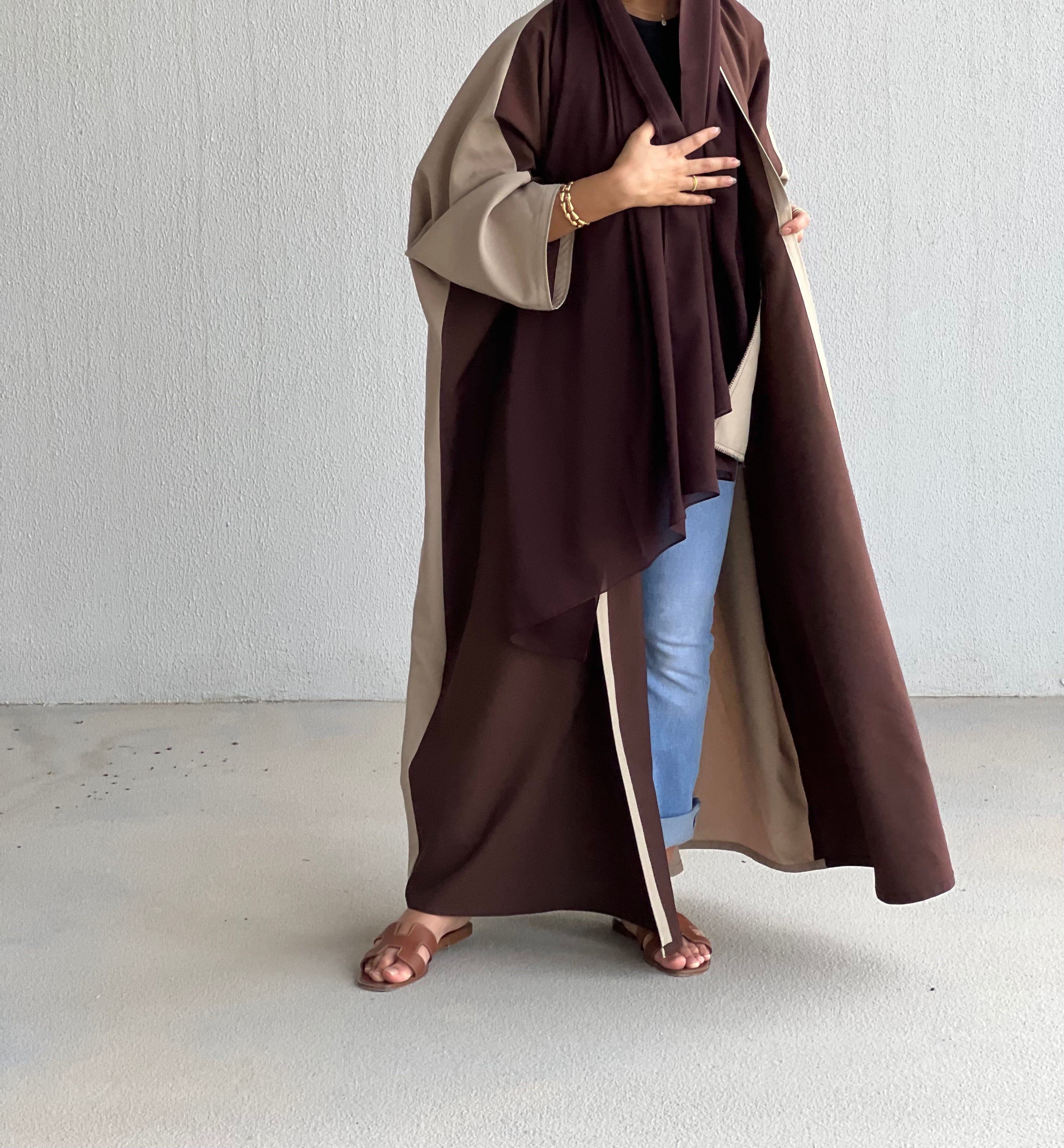 Brown with beige Abaya regular wrap cut