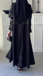 Elegant Two-Tone Open Abaya with Textured Overlay, black