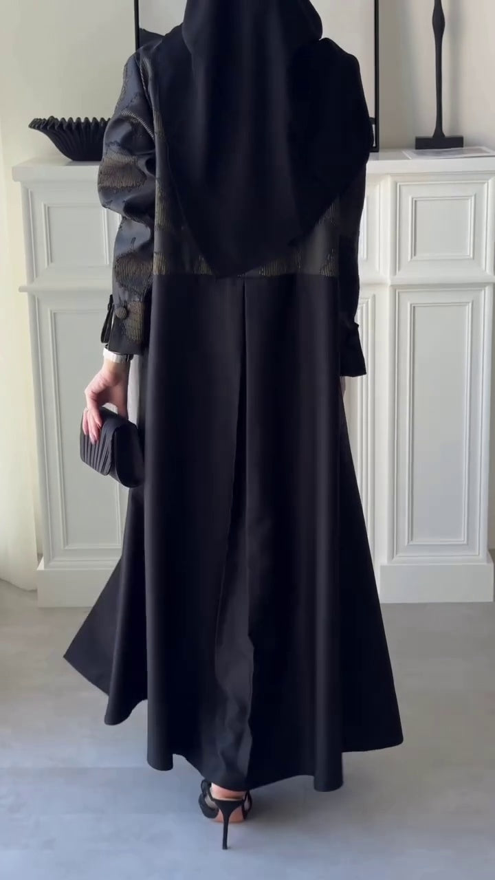 Elegant Two-Tone Open Abaya with Textured Overlay, black