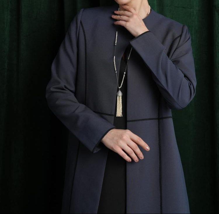 Elegant Slate Blue Minimalist Abaya with Contrast Piping