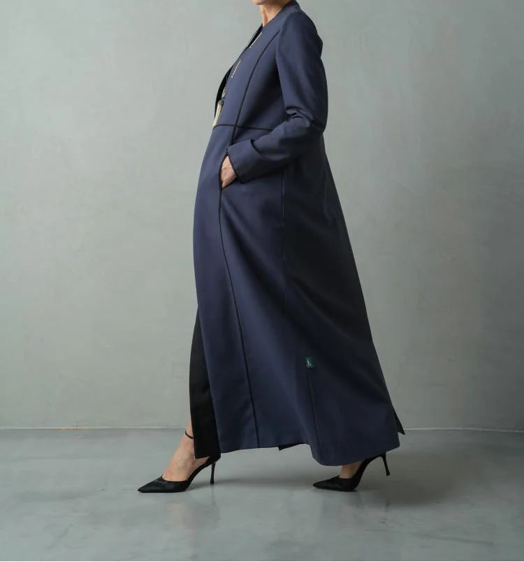 Elegant Slate Blue Minimalist Abaya with Contrast Piping