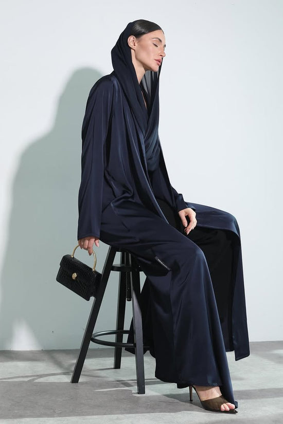 Satin Dark Blue Crochet Abaya