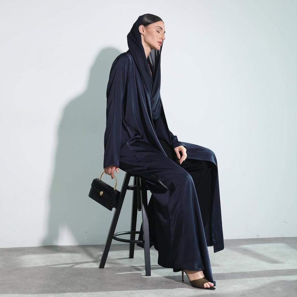 Satin Dark Blue Crochet Abaya
