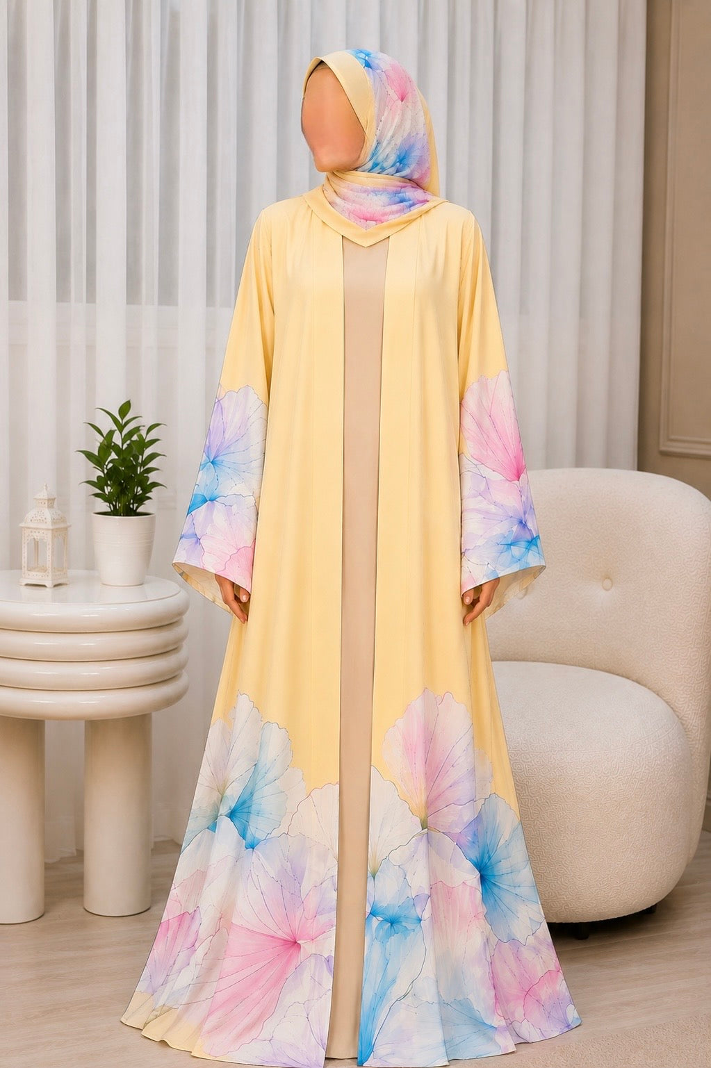 Pastel Bloom Abaya – Soft Yellow Floral Print