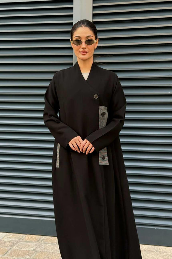 Black crepe abaya with Grey striped trimming