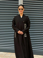 Black crepe abaya with Grey striped trimming