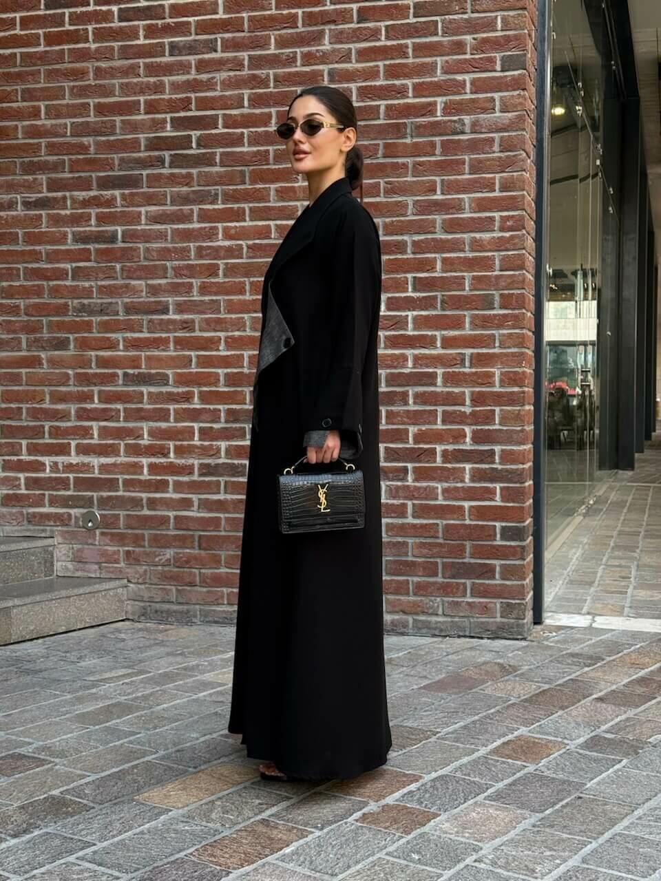 Black crepe abaya with striped trimming