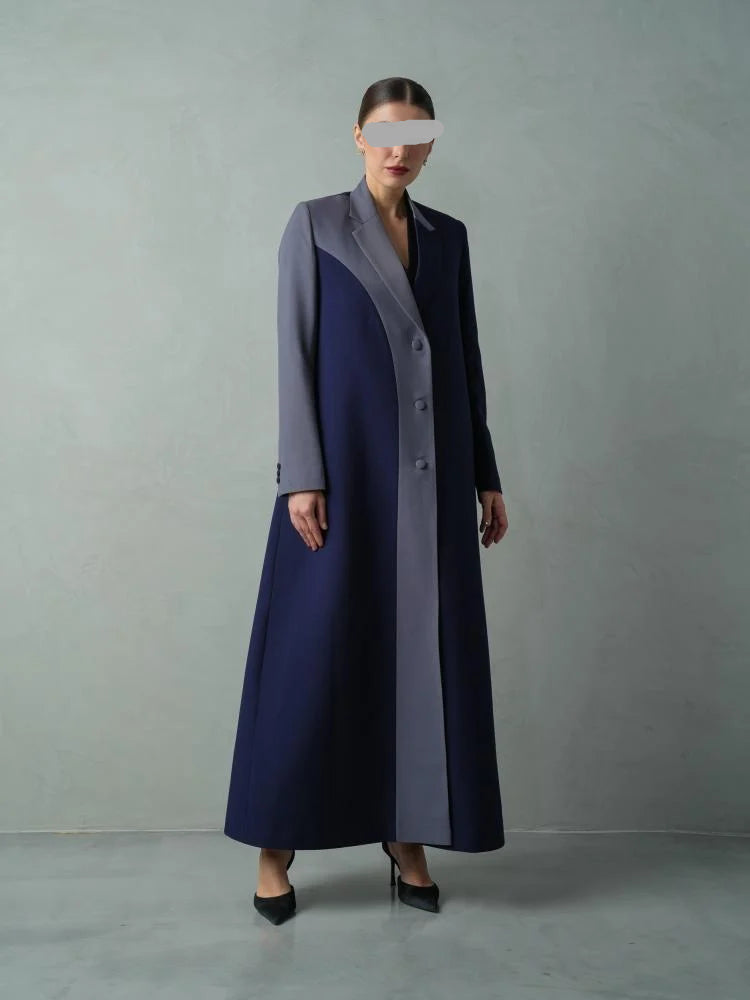 Navy Blue Colour Block Blazer Abaya with Grey Contrast Panel