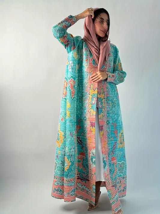 Printed Long Sleeve Pleated Abaya - Lightweight, Breathable Summer Friendly, Mineral Green