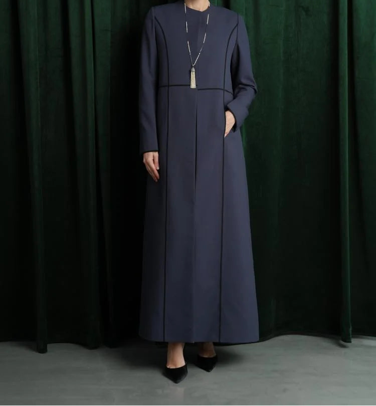 Elegant Slate Blue Minimalist Abaya with Contrast Piping