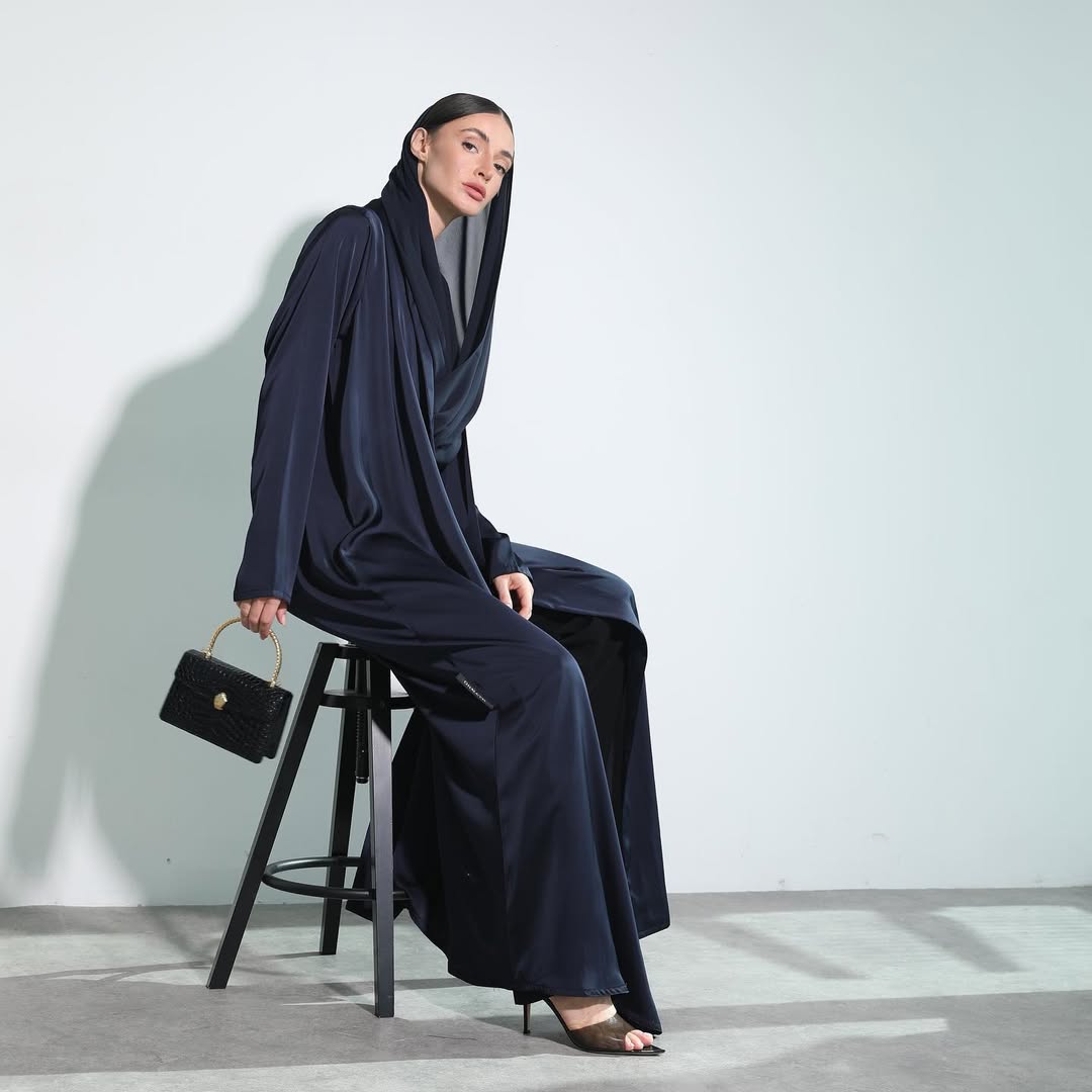 Satin Dark Blue Crochet Abaya
