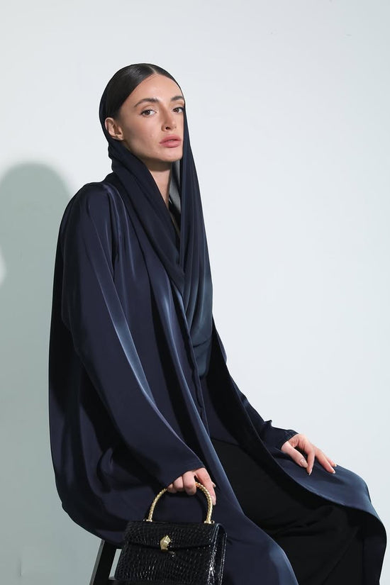 Satin Dark Blue Crochet Abaya