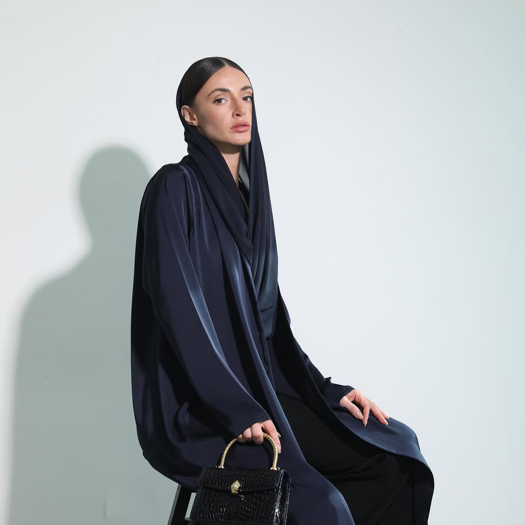 Satin Dark Blue Crochet Abaya