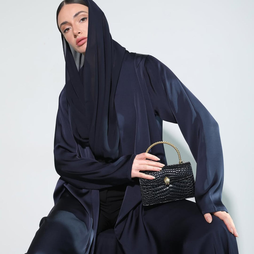 Satin Dark Blue Crochet Abaya