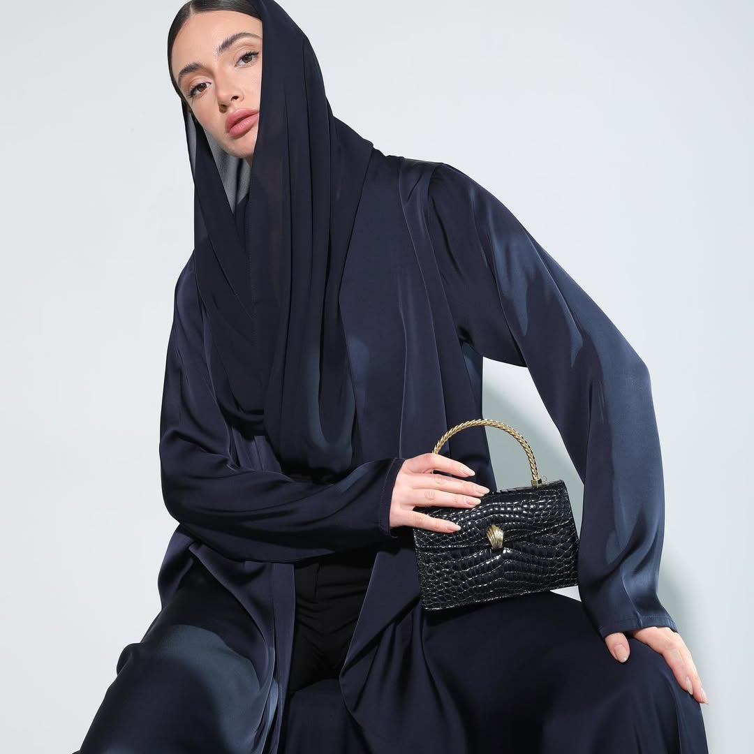 Satin Dark Blue Crochet Abaya