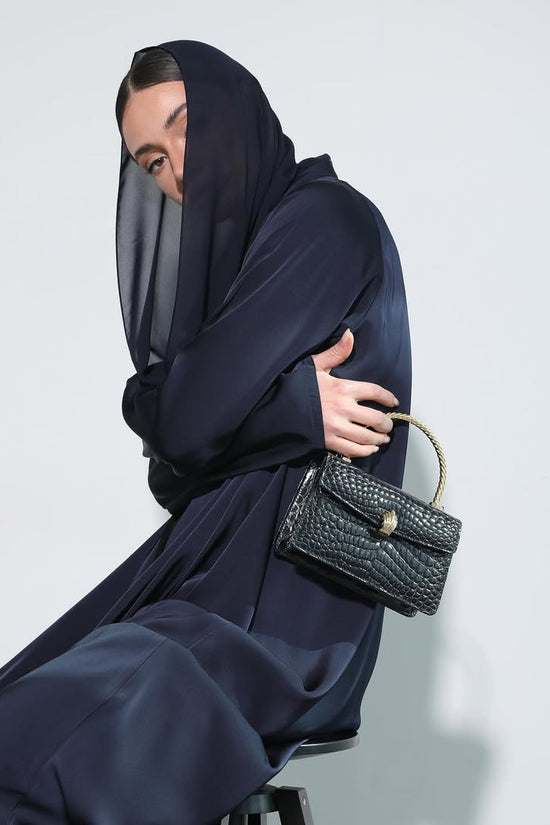 Satin Dark Blue Crochet Abaya